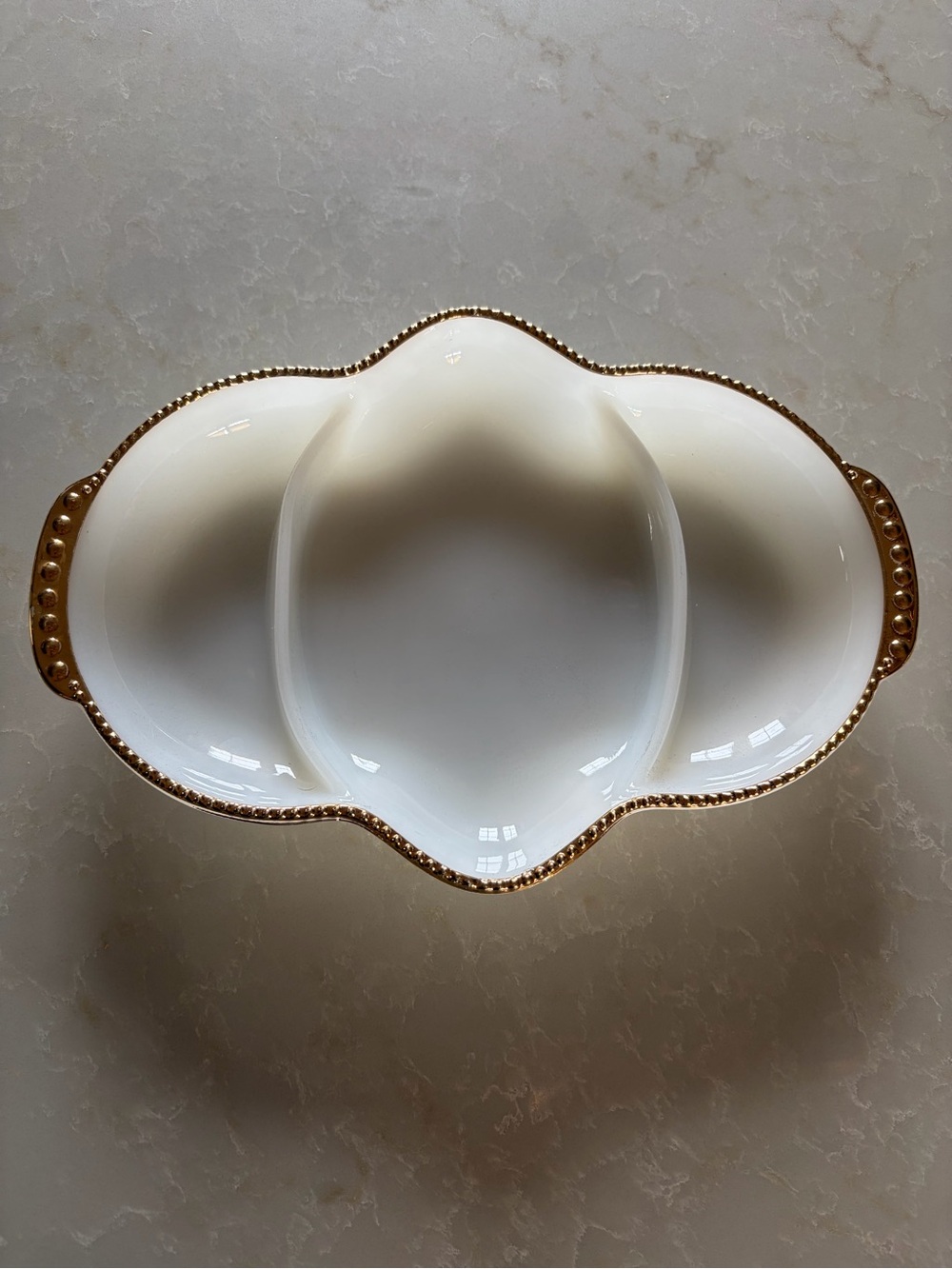 Fire-King Milk Glass Divided Relish Dish with 22K gold beaded trim